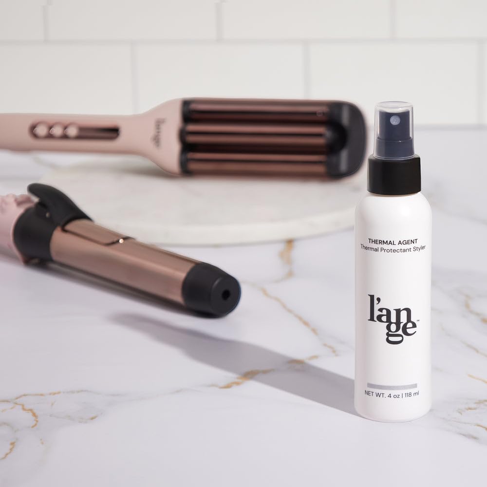 L'ANGE HAIR on vanity next to brush showing salon-quality styling convenience