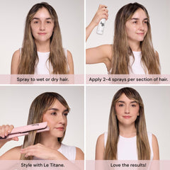 L'ANGE HAIR being misted on damp hair for pre-blowout protection