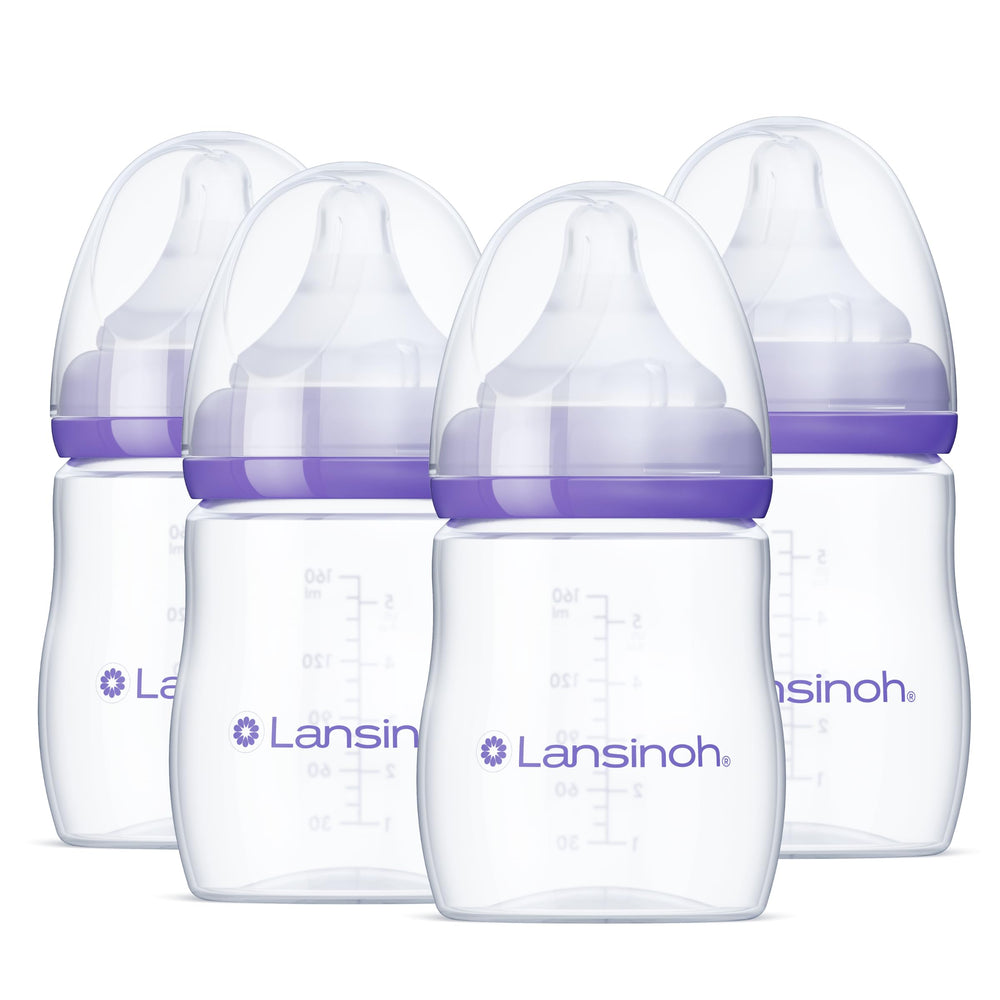 Lansinoh front packaging showing four 5-ounce anti-colic bottles and benefits