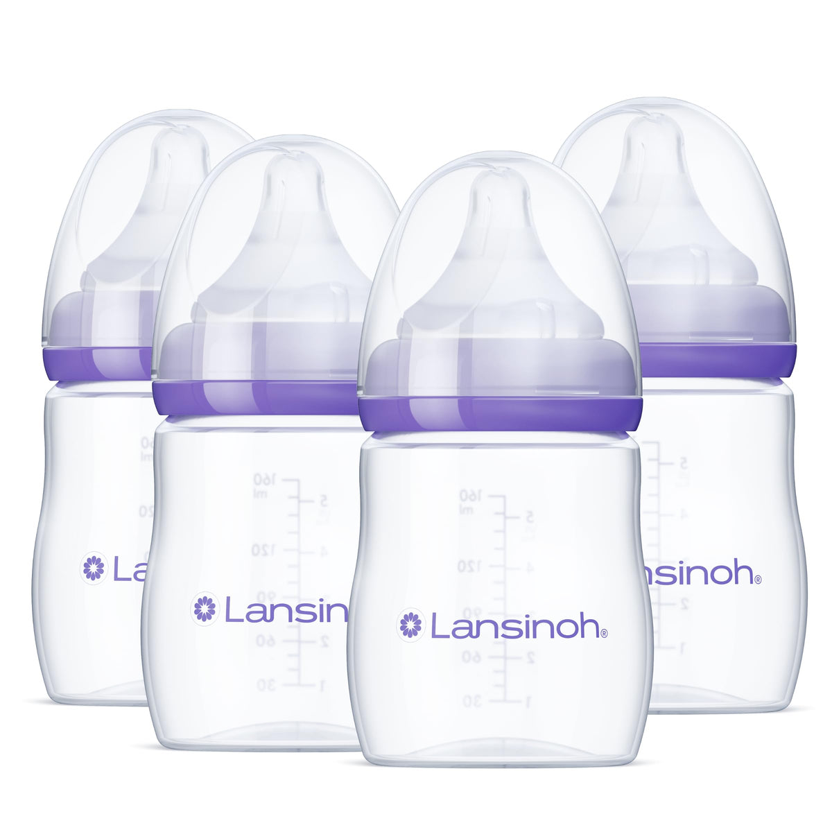 Lansinoh front packaging showing four 5-ounce anti-colic bottles and benefits