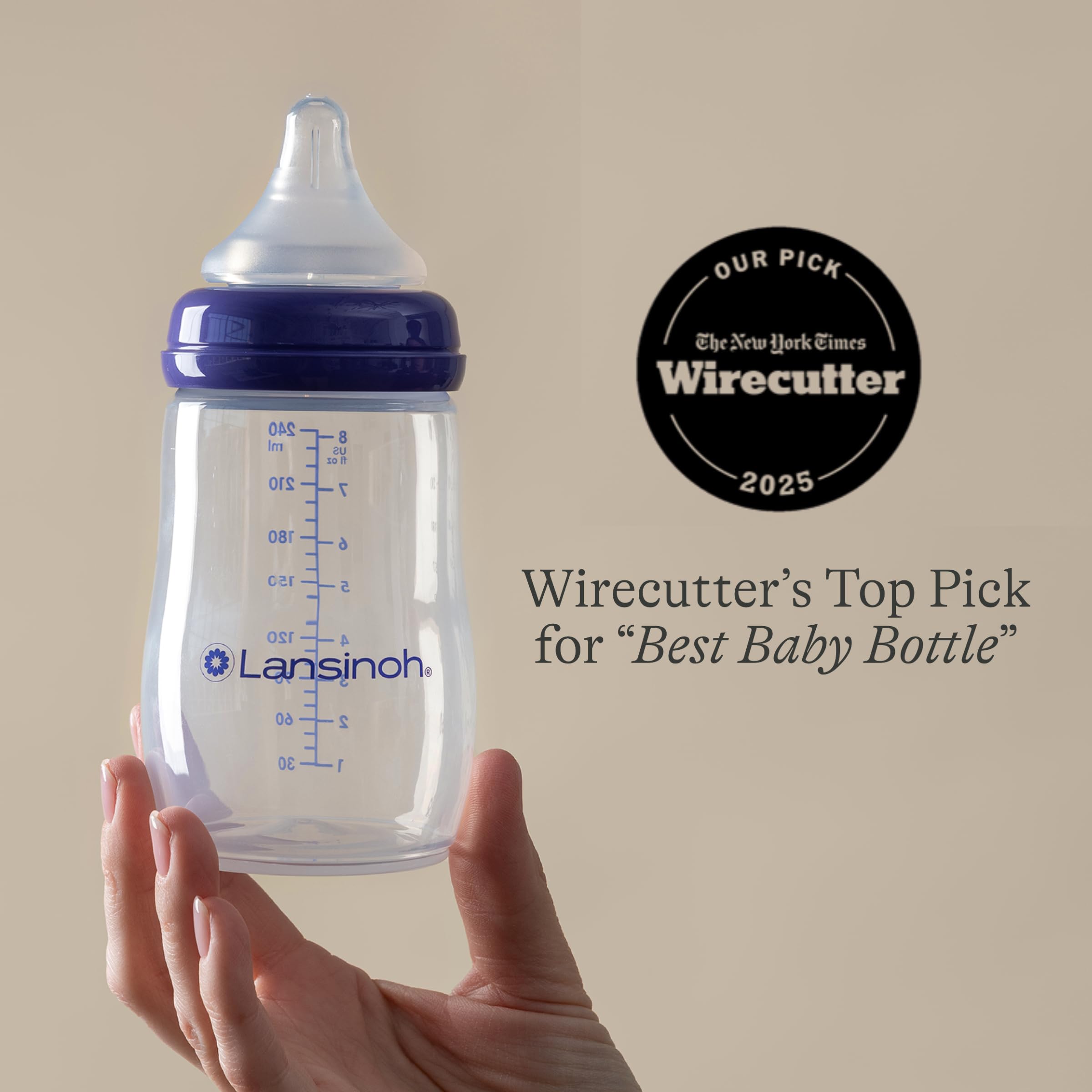 Lansinoh bottle side view with ounce markings for accurate measurement benefit
