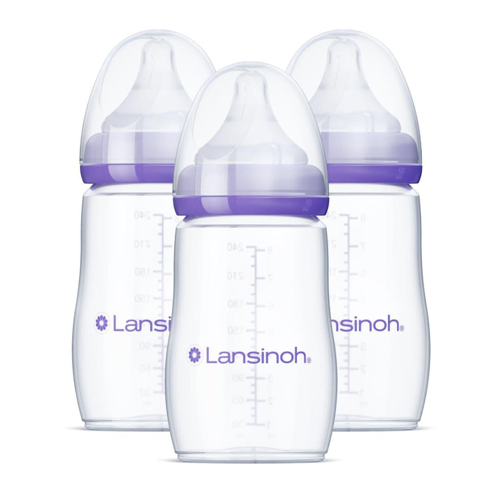 Lansinoh front packaging shows 3-pack 8oz bottles and key benefits
