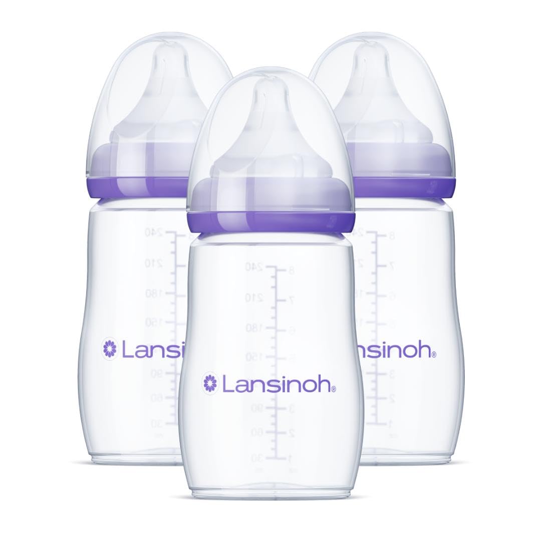 Lansinoh front packaging shows 3-pack 8oz bottles and key benefits