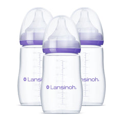 Lansinoh front packaging shows 3-pack 8oz bottles and key benefits