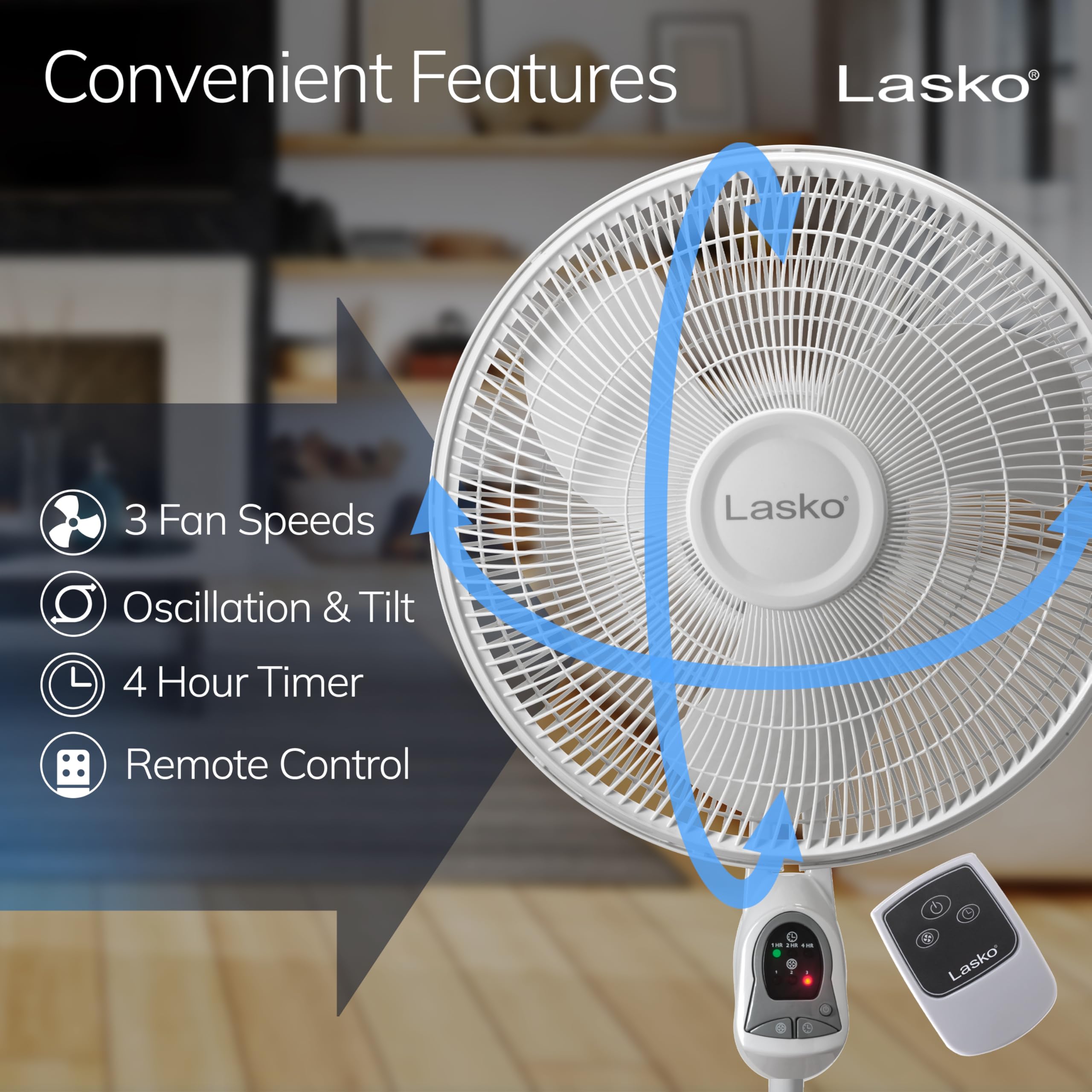 Lasko oscillating fan circulating air across a living room