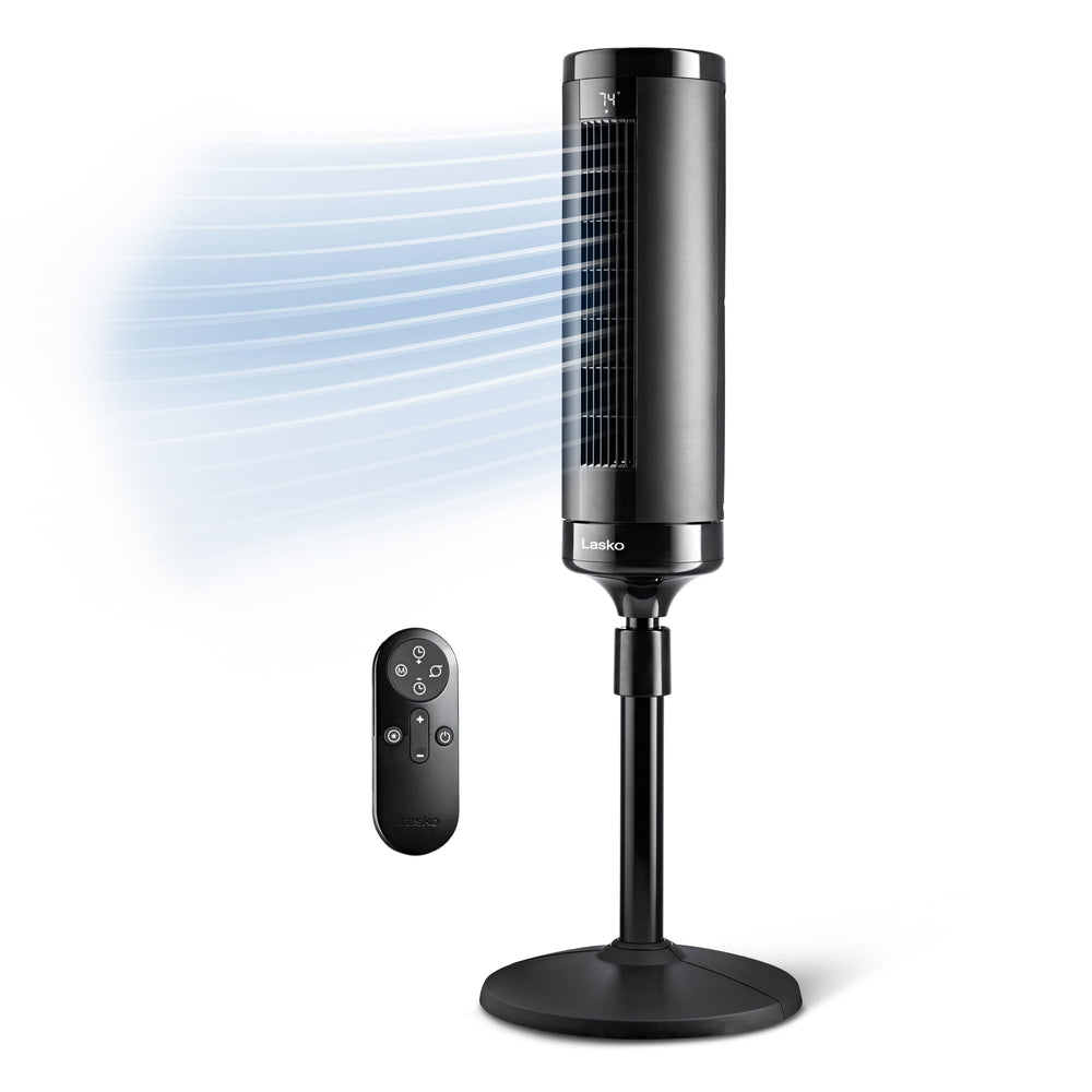 Lasko elevation front view showing sleek tower and grille, adds powerful cooling