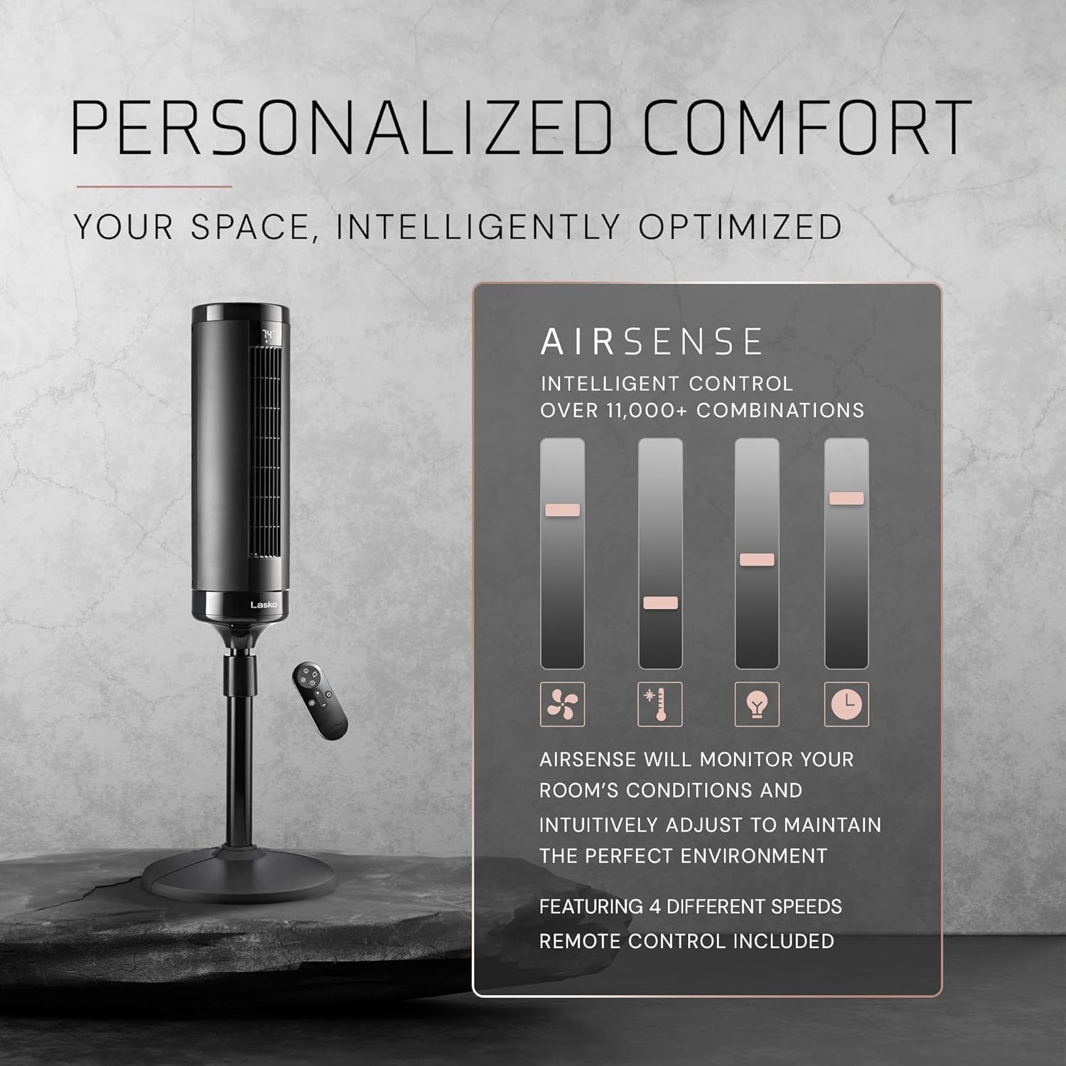 Lasko elevation placed in living room, strong airflow cools large spaces