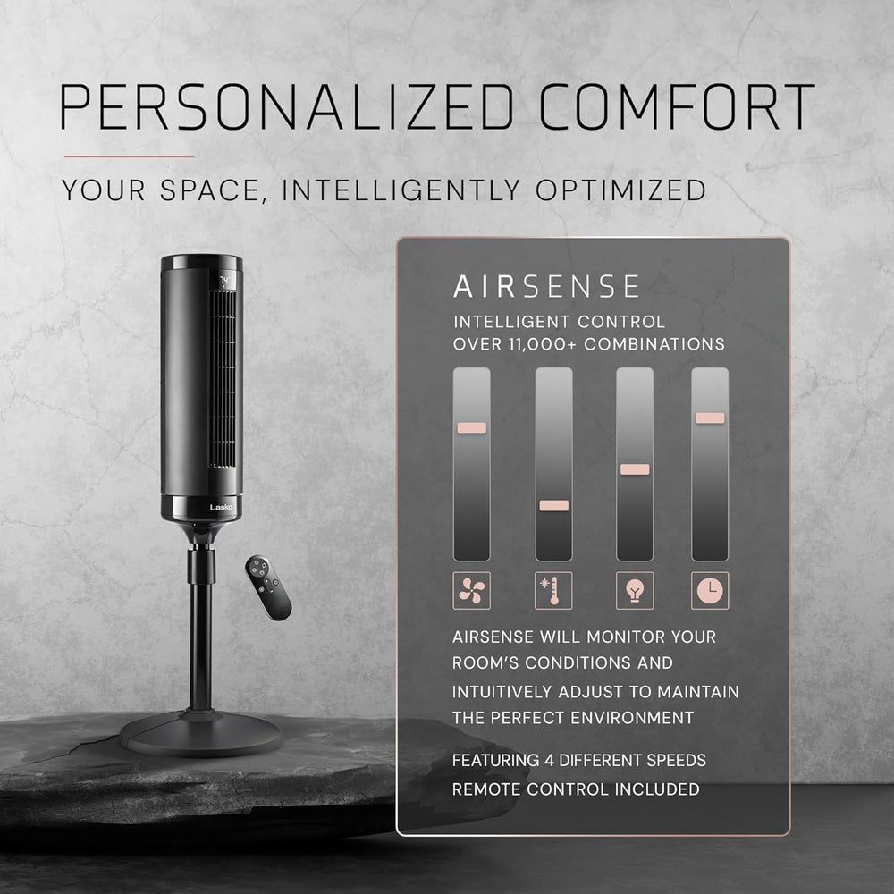 Lasko elevation placed in living room, strong airflow cools large spaces