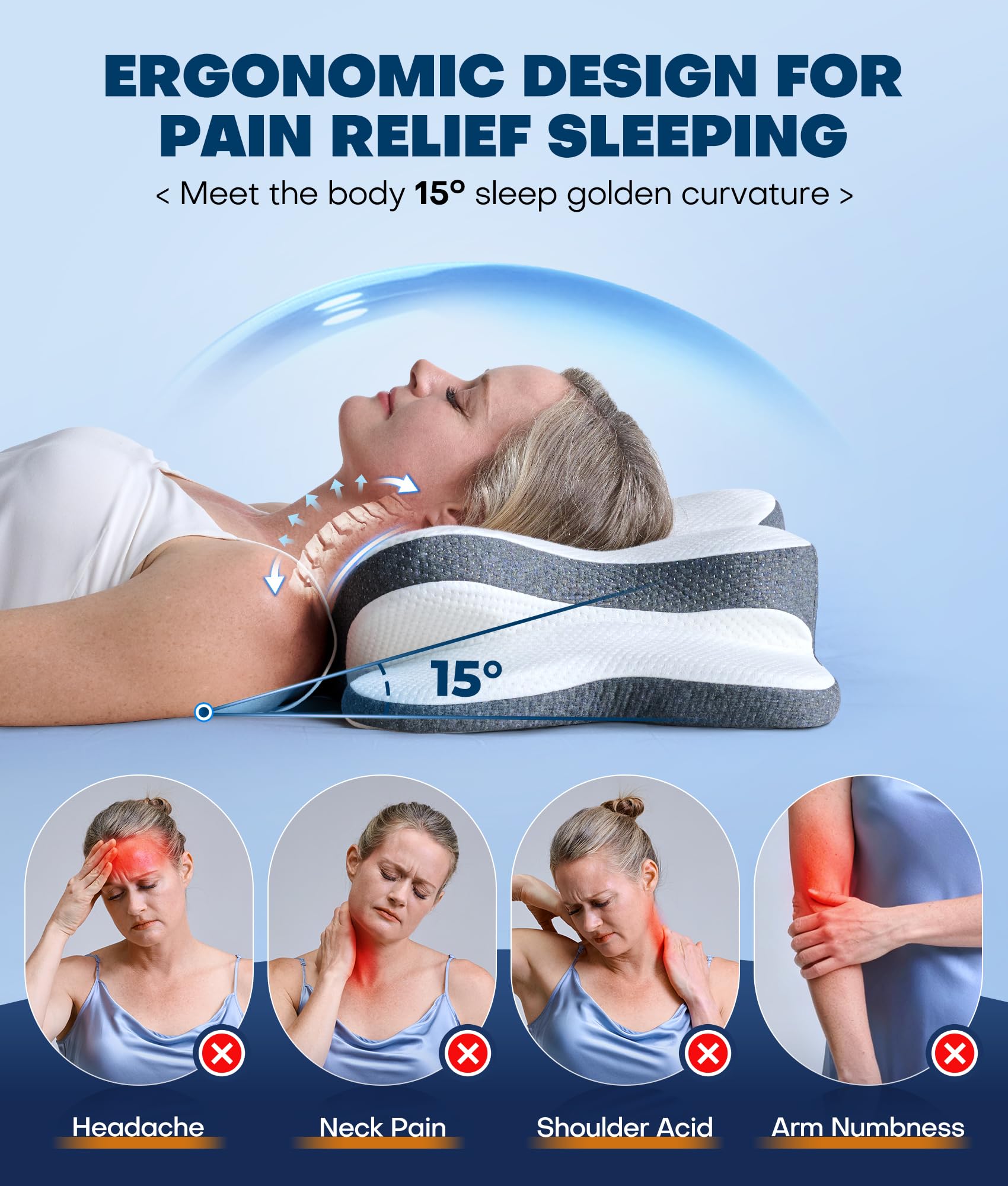 Latree pillow in use by side sleeper demonstrating shoulder support