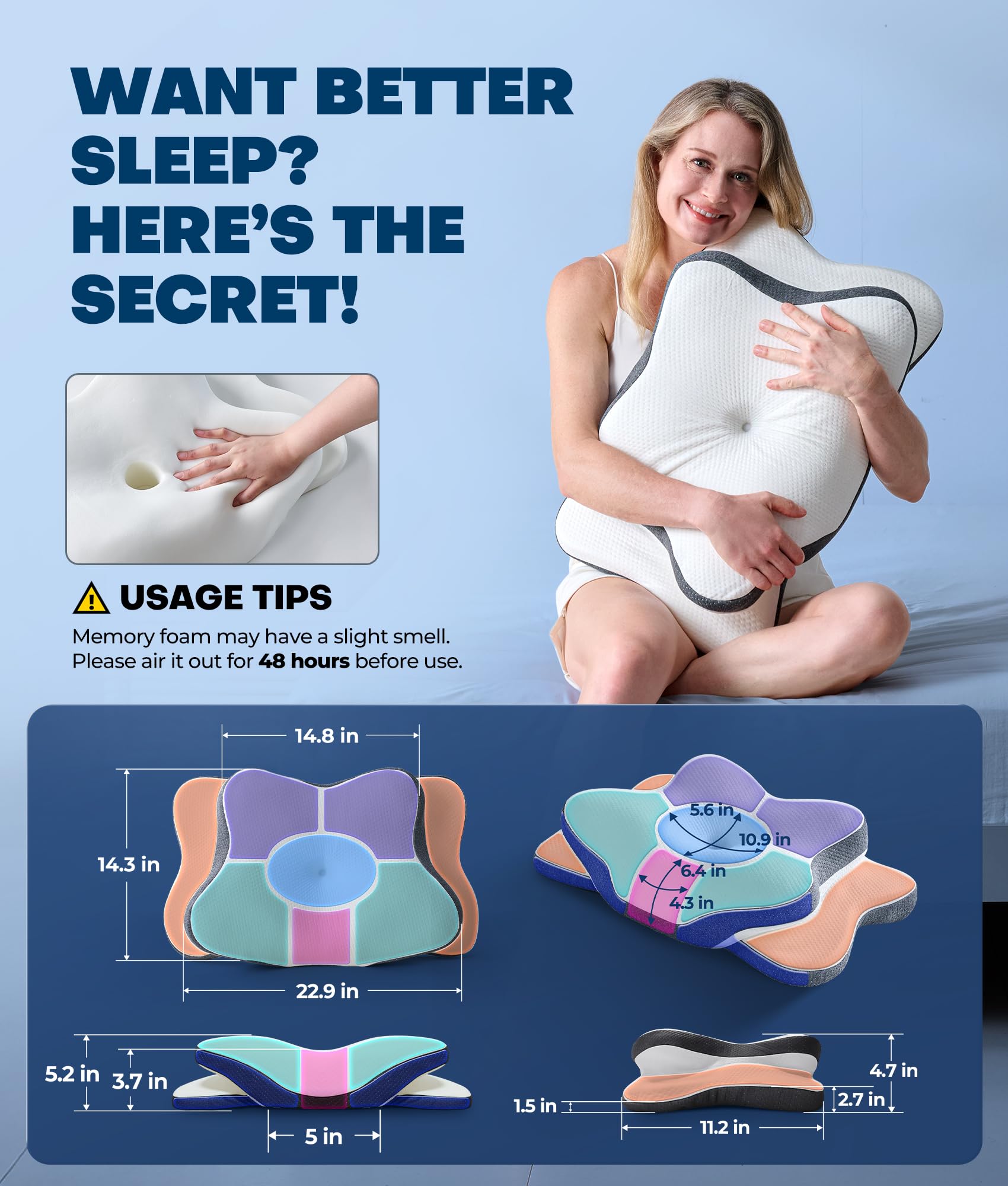 Latree pillow beside measuring tape showing size and contour scale