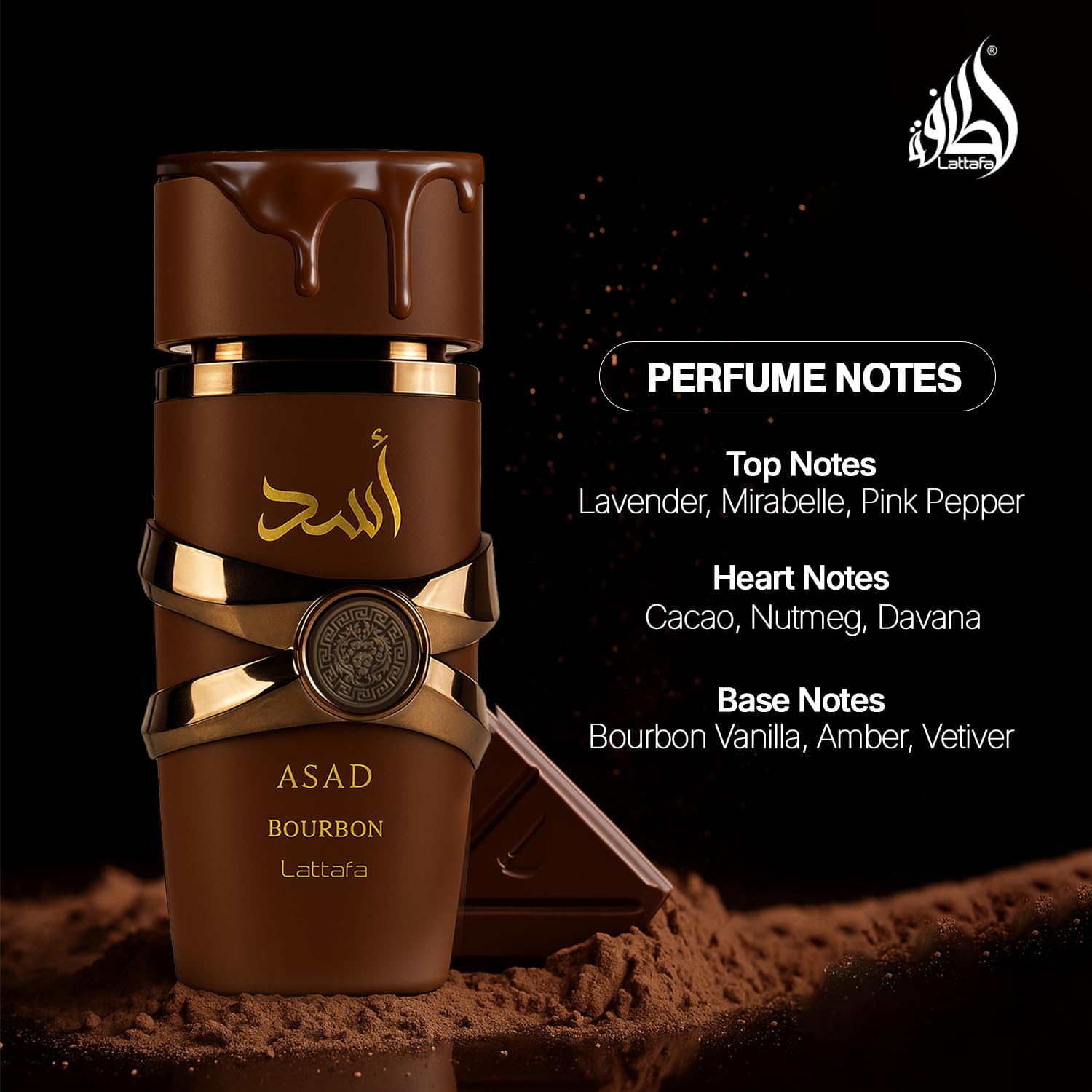 Lattafa Asad Bourbon spray mist in air illustrating fine atomization and coverage