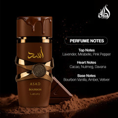 Lattafa Asad Bourbon spray mist in air illustrating fine atomization and coverage