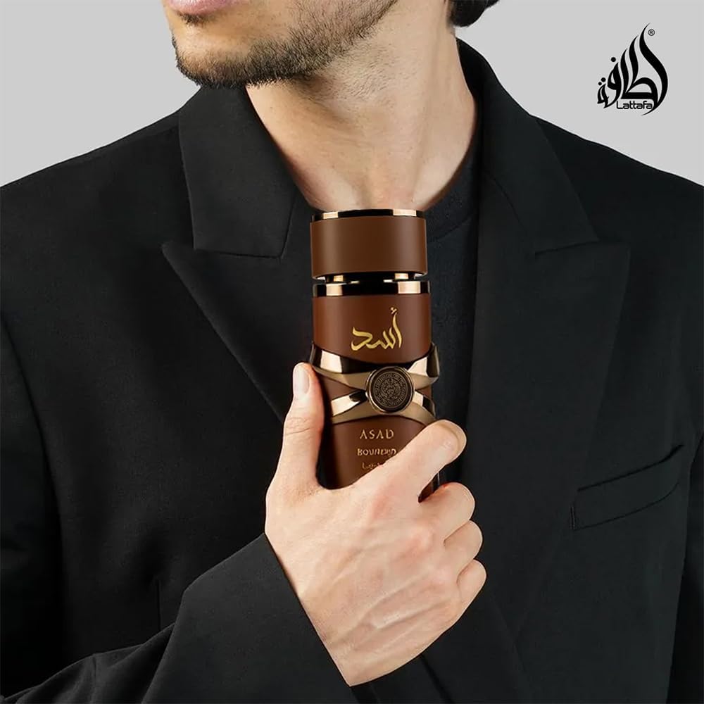 Lattafa Asad Bourbon cacao-inspired props conveying the fragrance's gourmand warmth