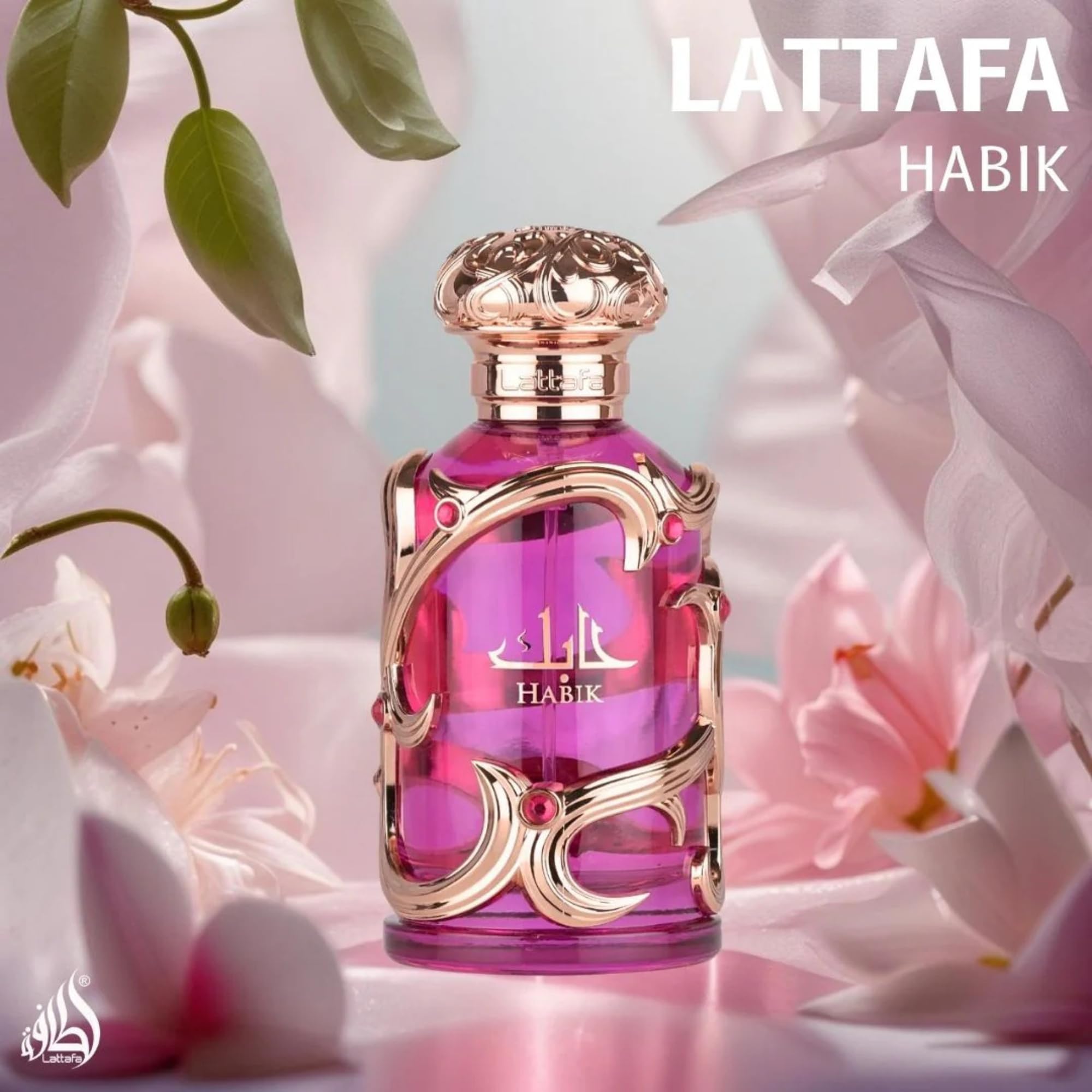 Lattafa Habik 100ml next to a hand for scale showing generous size