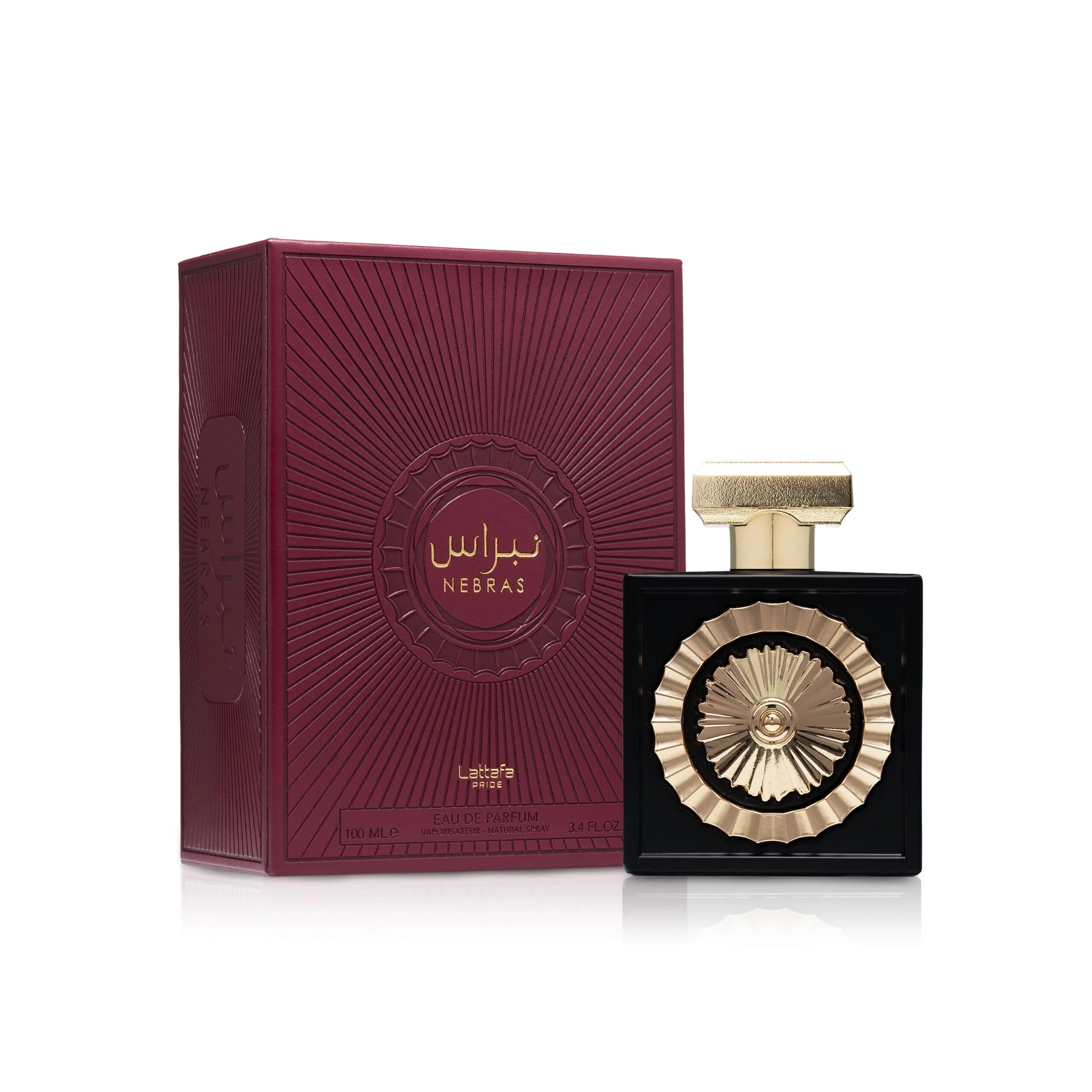 Lattafa Nebras side profile emphasizing bottle silhouette and refined finish
