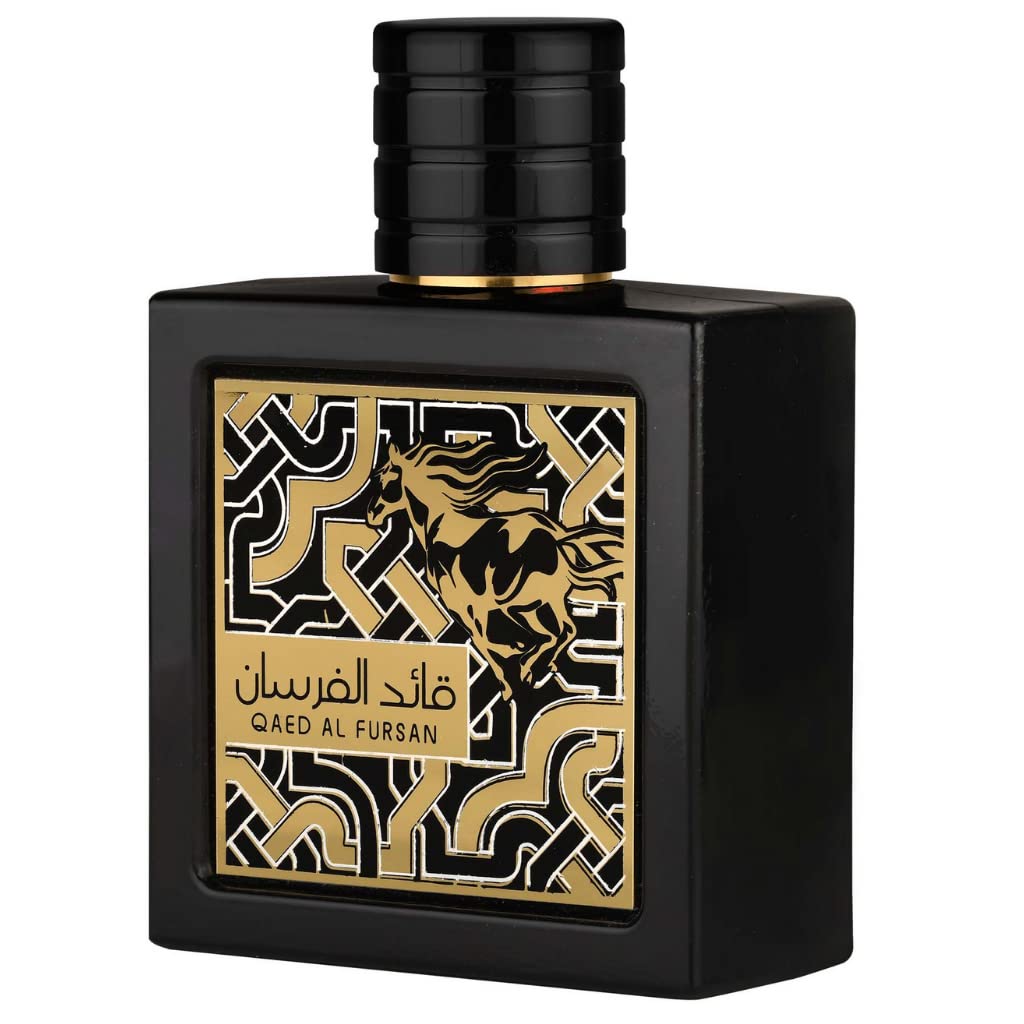 Lattafa bottle side angle highlighting cap detail and glass finish benefit: premium look