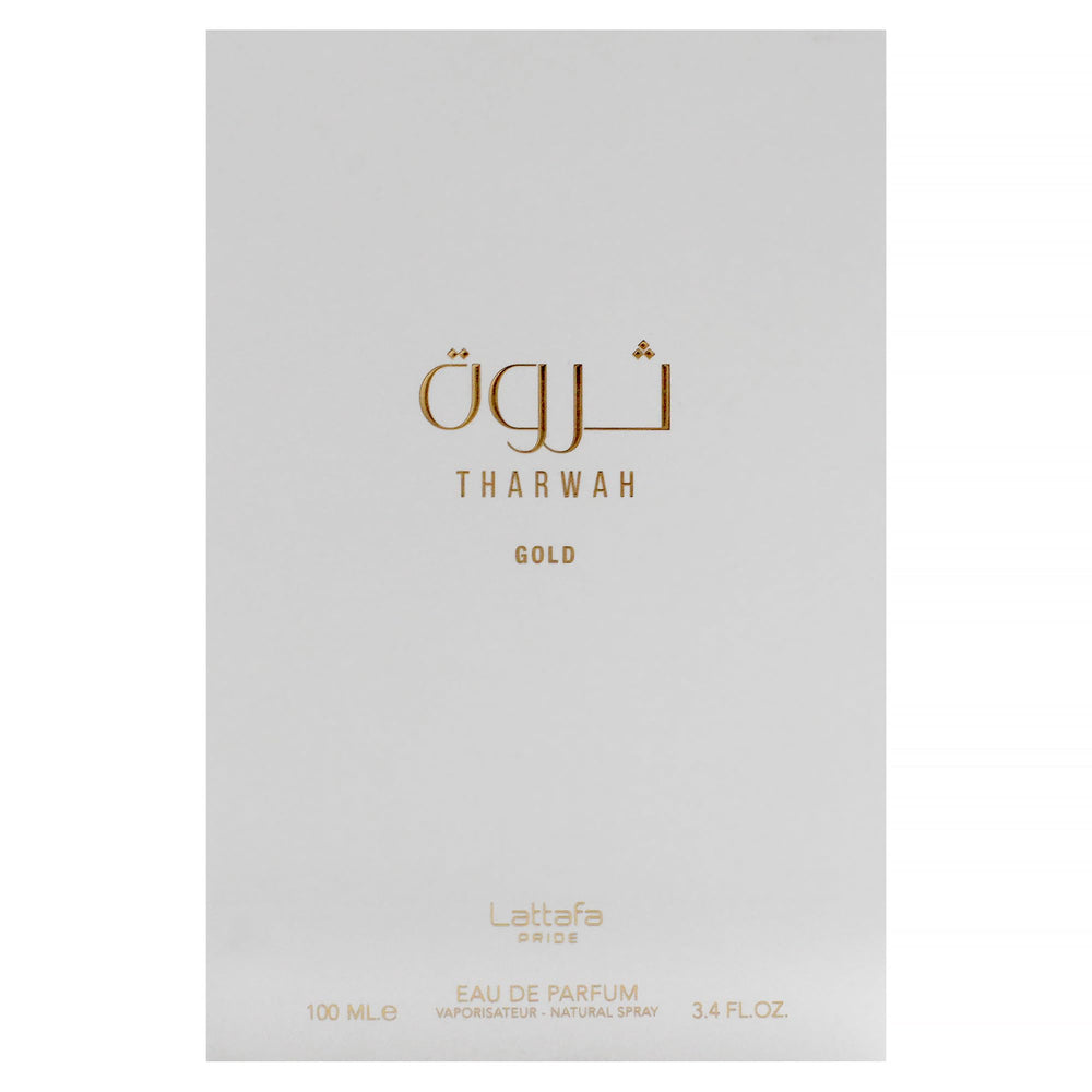 Lattafa Tharwah Gold liquid close-up showing warm golden hue and richness