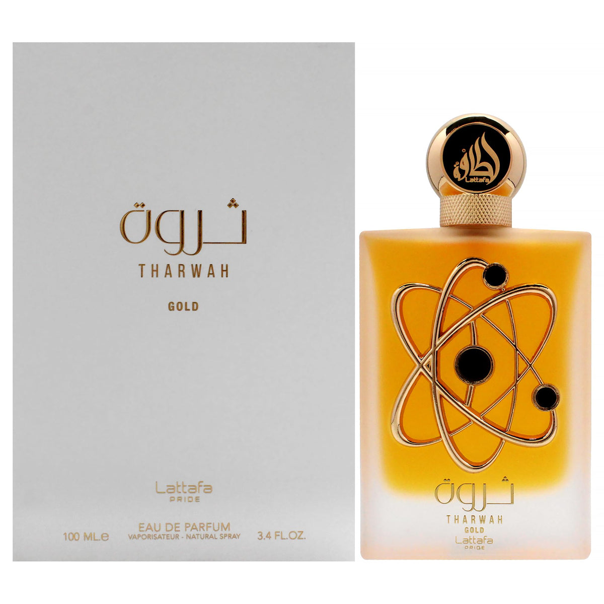 Lattafa Tharwah Gold front bottle showing elegant design and immediate appeal