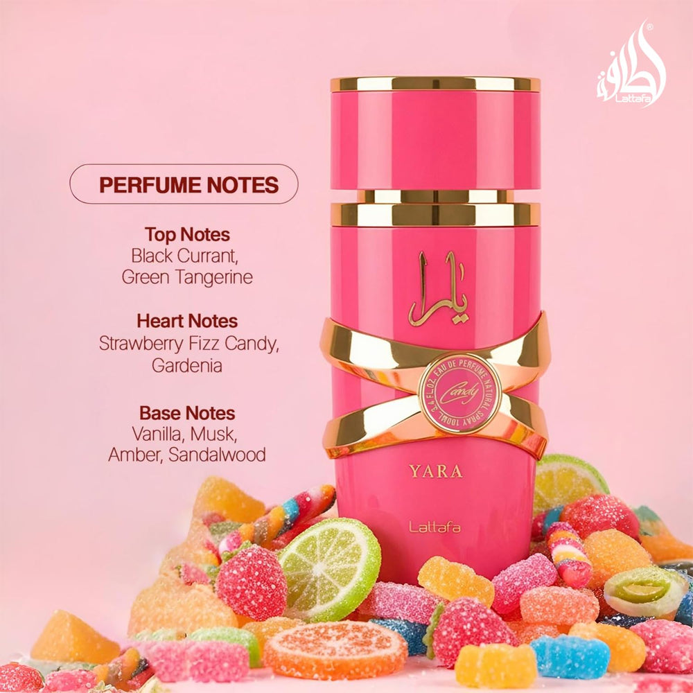 Lattafa Yara Candy label closeup showing notes and brand for easy identification