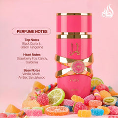 Lattafa Yara Candy label closeup showing notes and brand for easy identification
