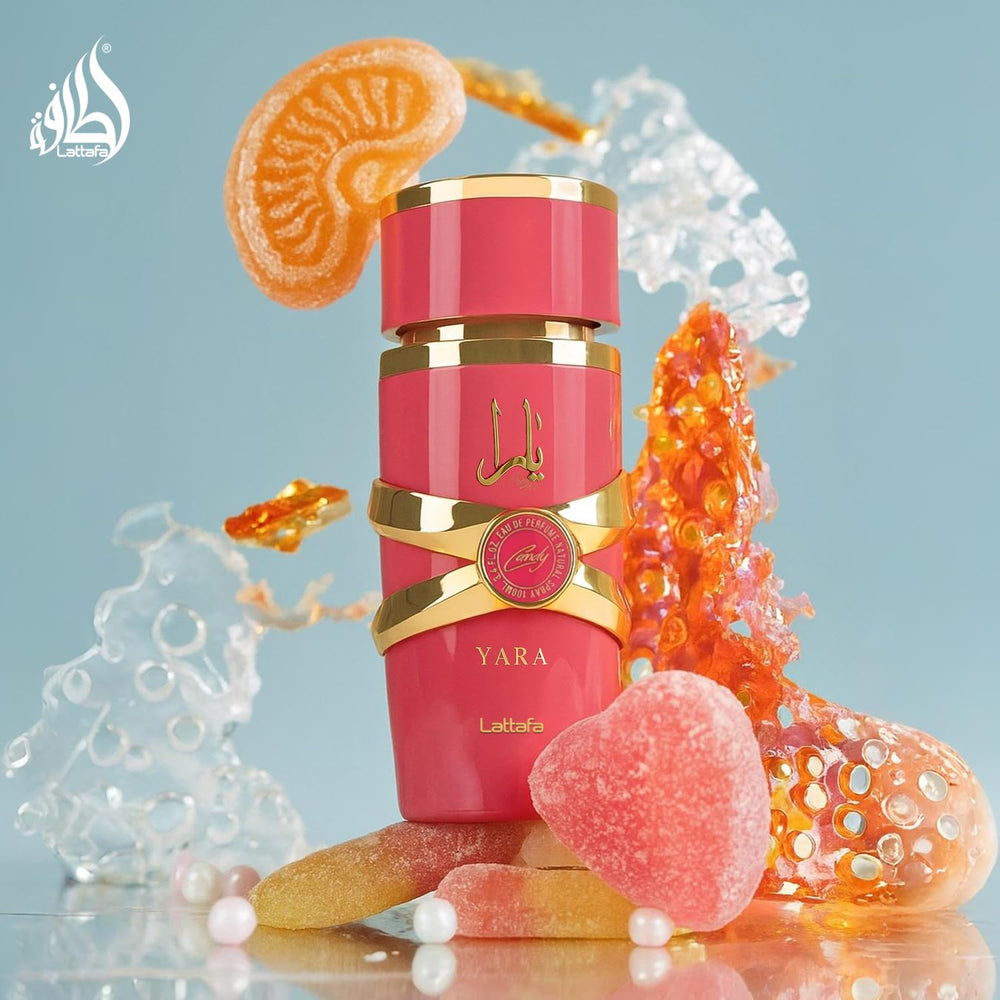 Lattafa Yara Candy size comparison with common objects showing true 100ml scale