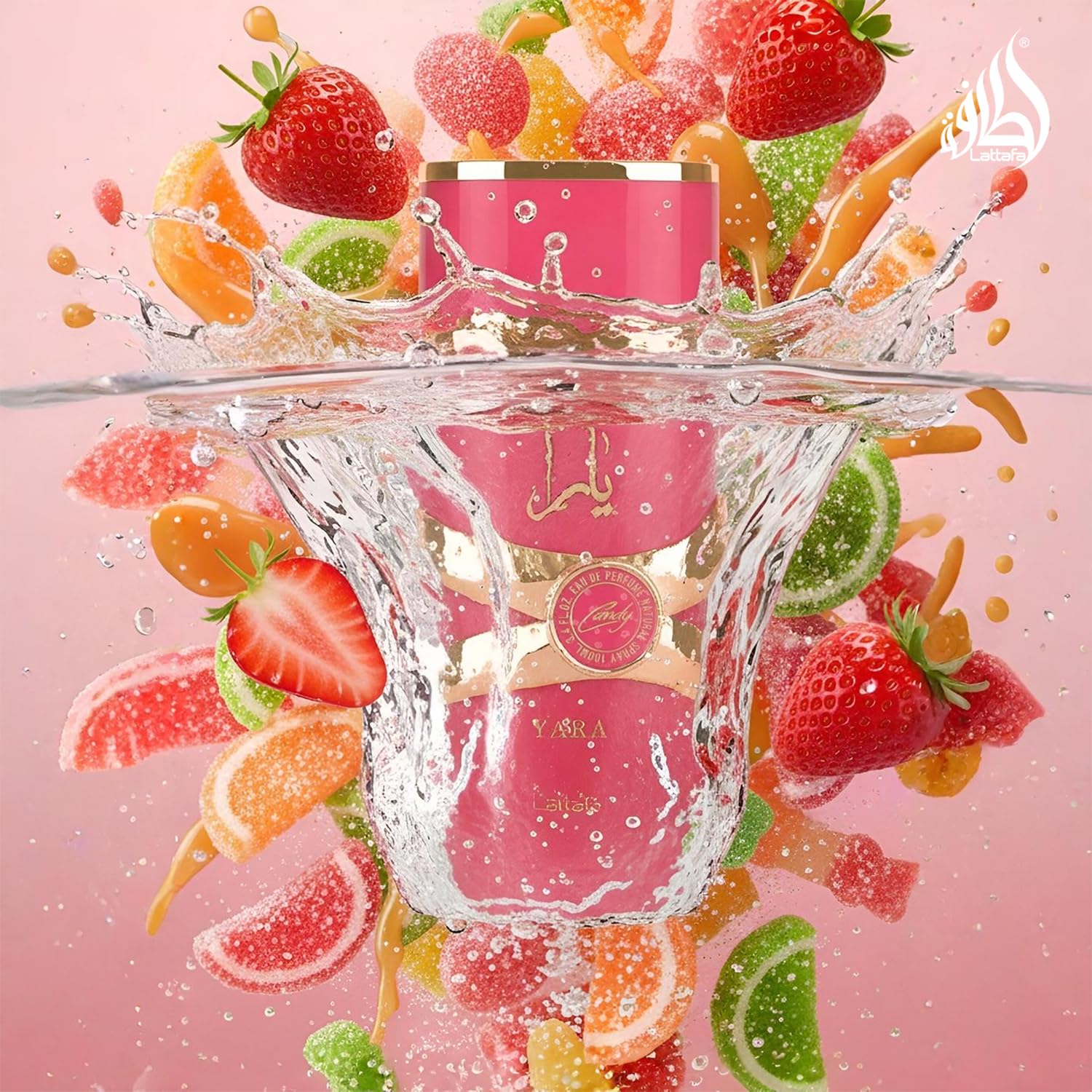 Lattafa Yara Candy vanilla syrup texture close-up conveying gourmand warmth
