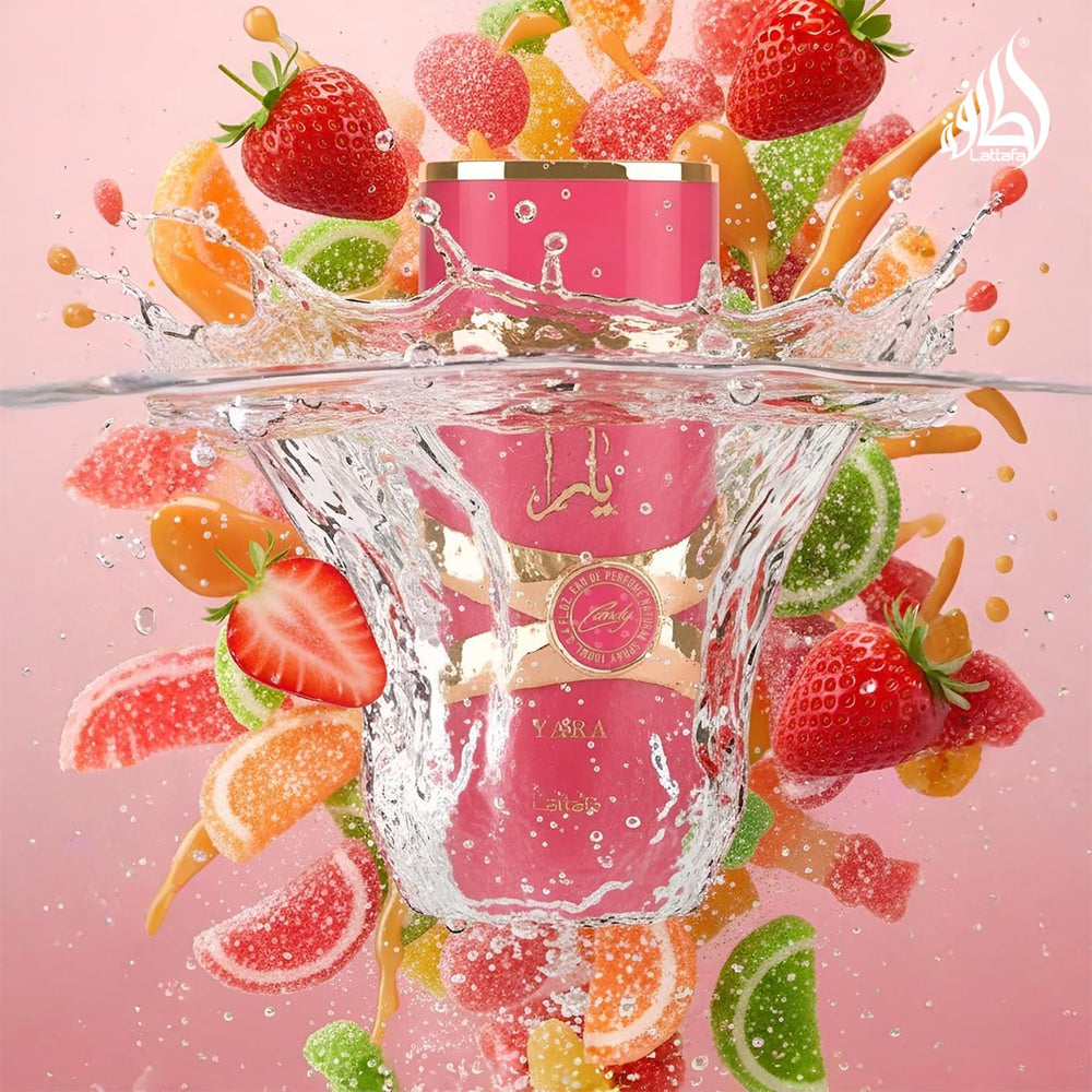 Lattafa Yara Candy vanilla syrup texture close-up conveying gourmand warmth