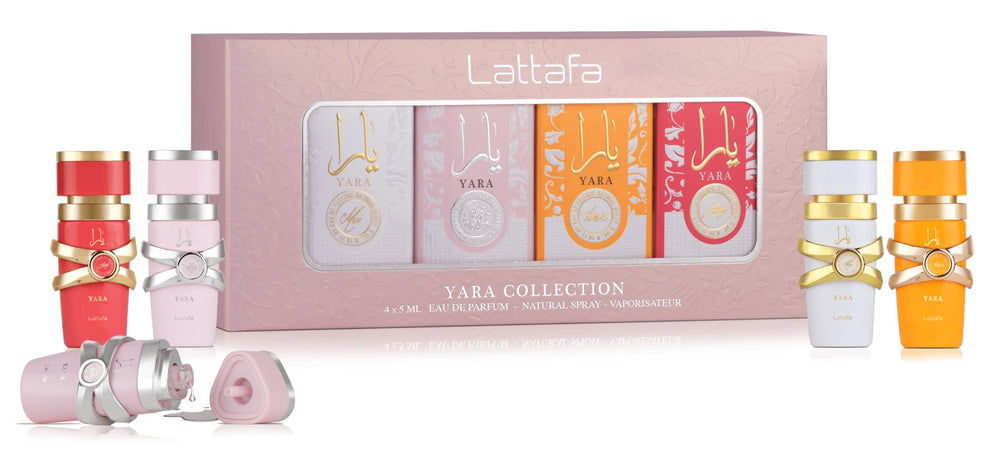 Lattafa Yara collection box front view showing all four 5ml bottles and packaging benefits