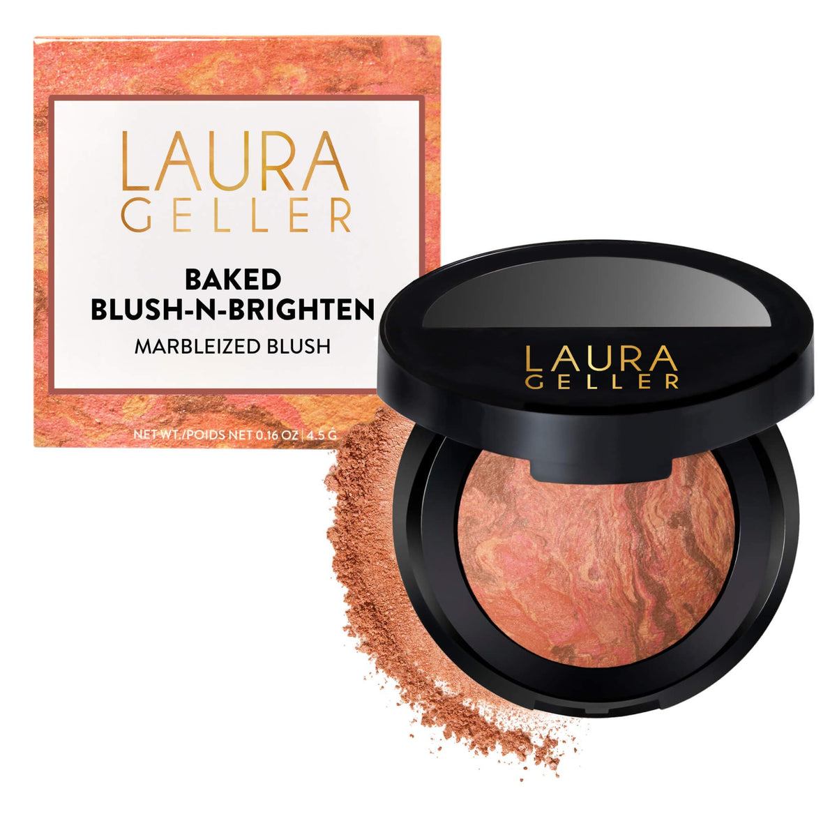 LAURA GELLER New York compact front packaging shows portable blush and mirror benefit