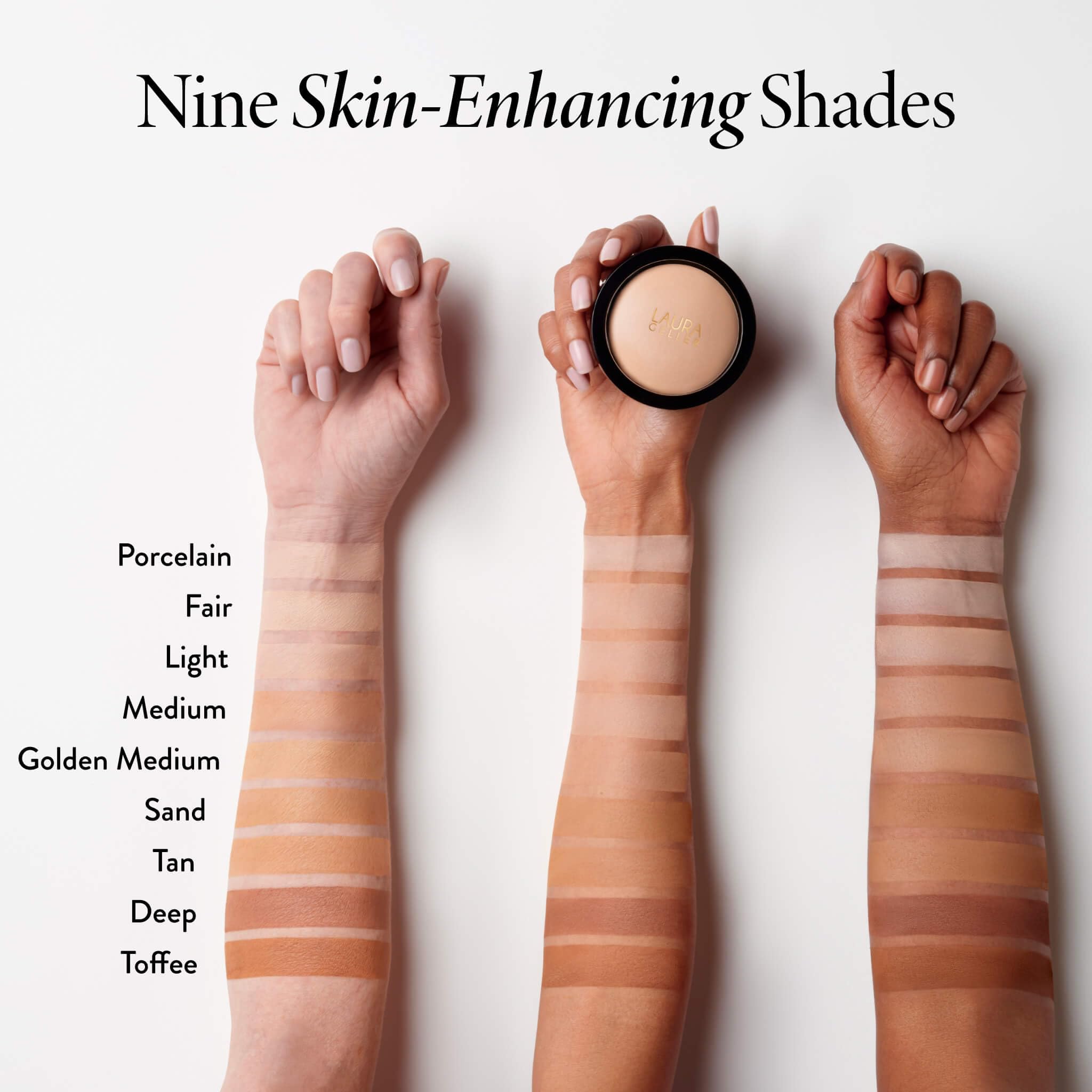 LAURA GELLER dry application on model demonstrating natural matte coverage benefit