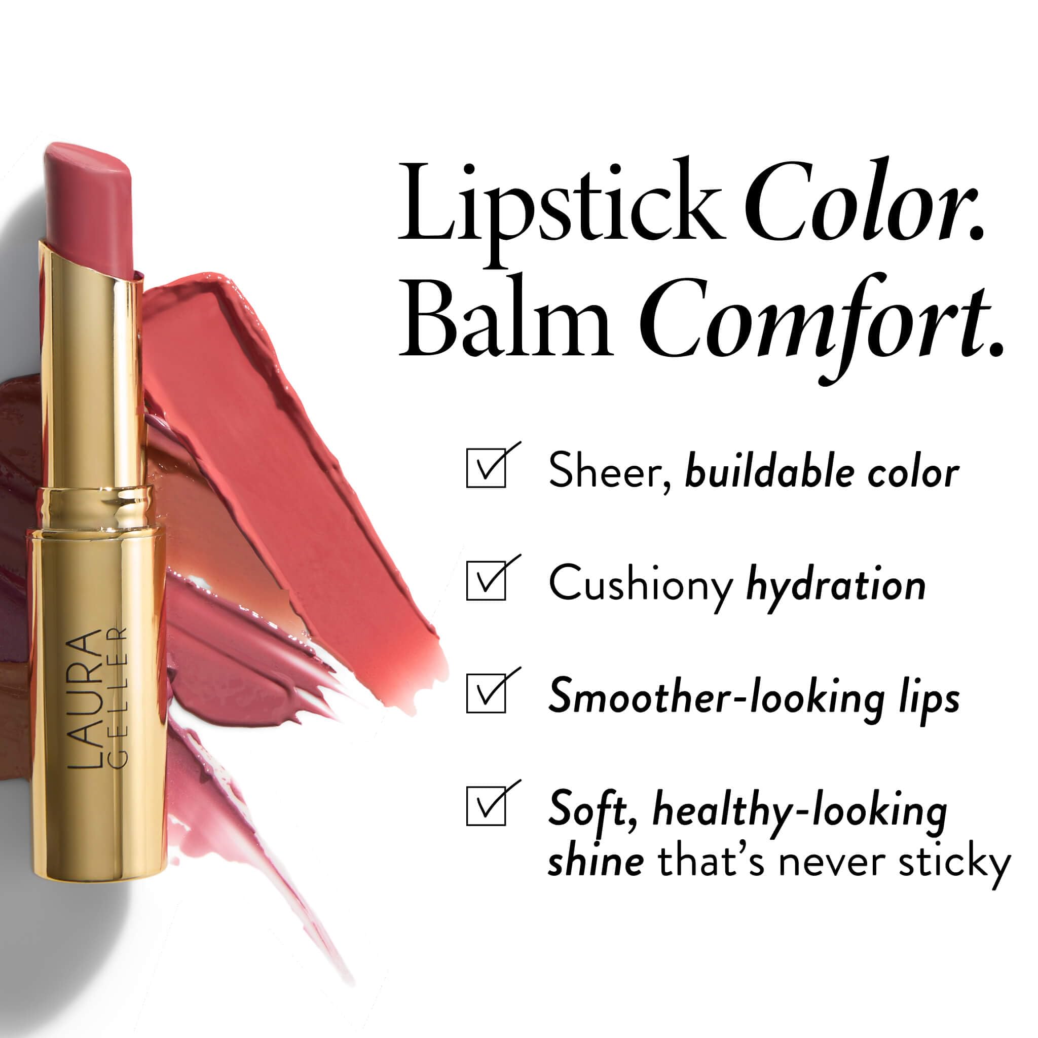 LAURA GELLER open twist-up balm revealing cushiony tip and smooth application benefit