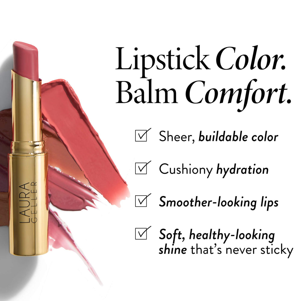 LAURA GELLER open twist-up balm revealing cushiony tip and smooth application benefit