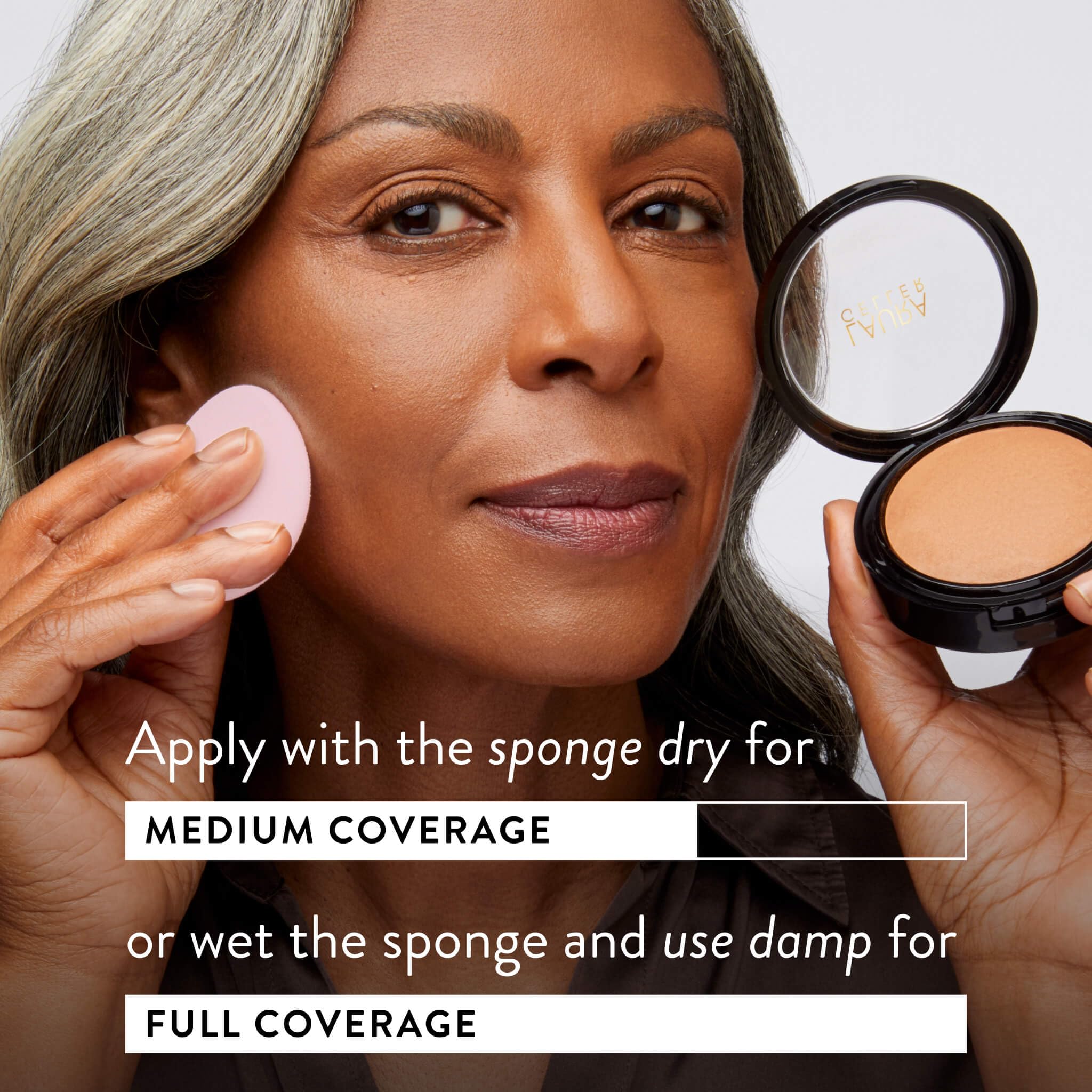 LAURA GELLER compact back label showing ingredients and product information benefit