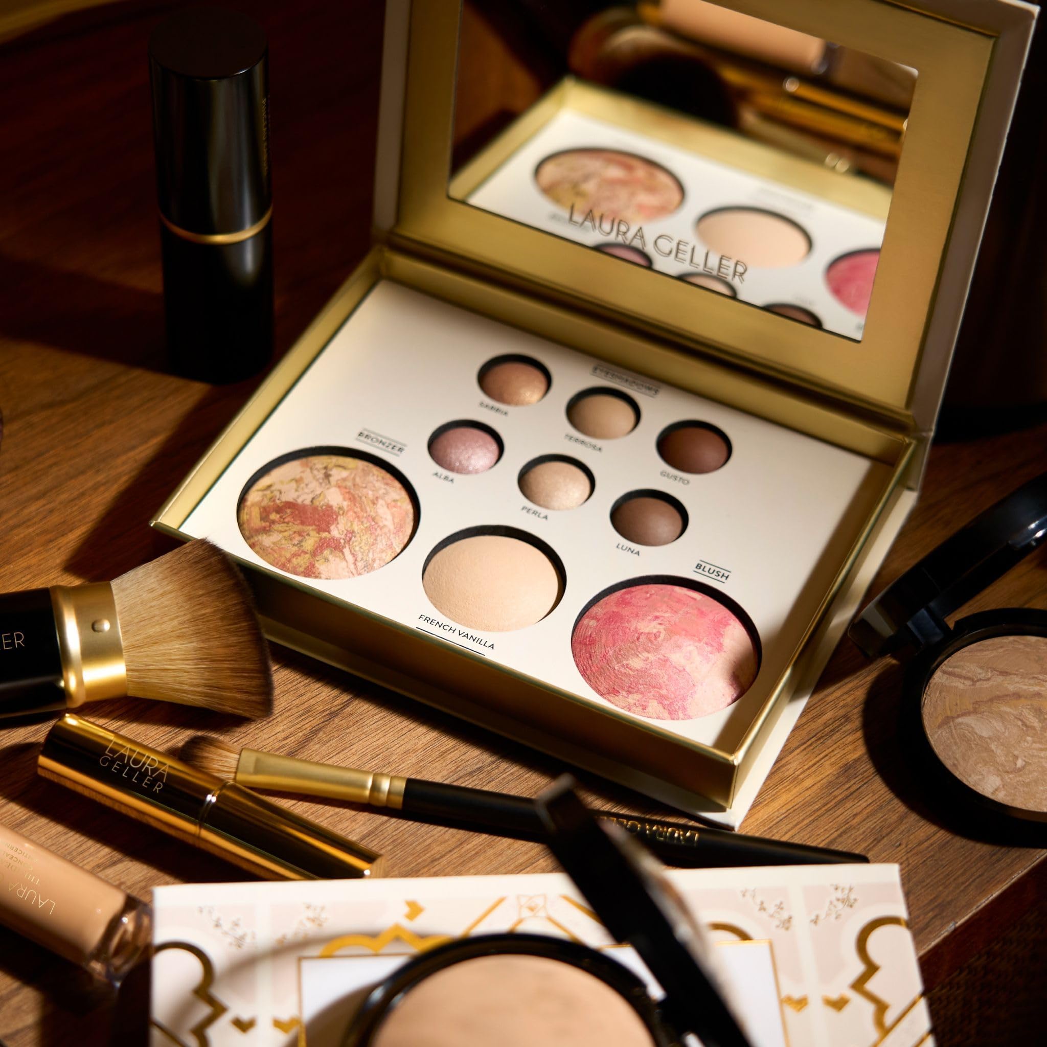 LAURA GELLER blush pan detail illustrating pigmented color and luminous finish