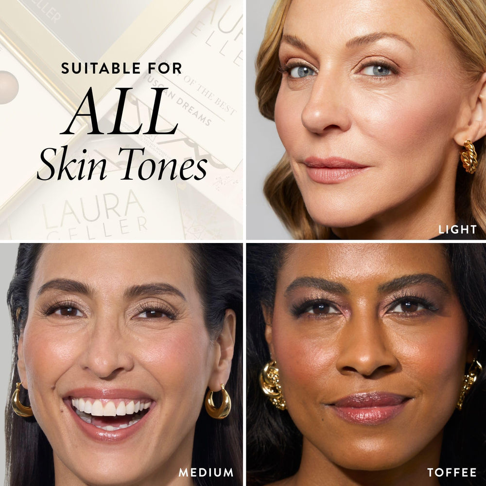 LAURA GELLER arm swatches of palette shades demonstrating true-to-skin payoff