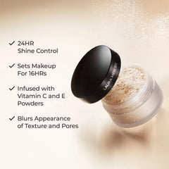 Laura Mercier brush applying powder on model to control shine and blur pores