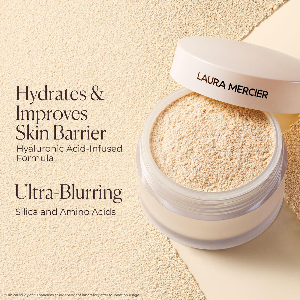 Laura Mercier size comparison on scale demonstrating travel-friendly portability