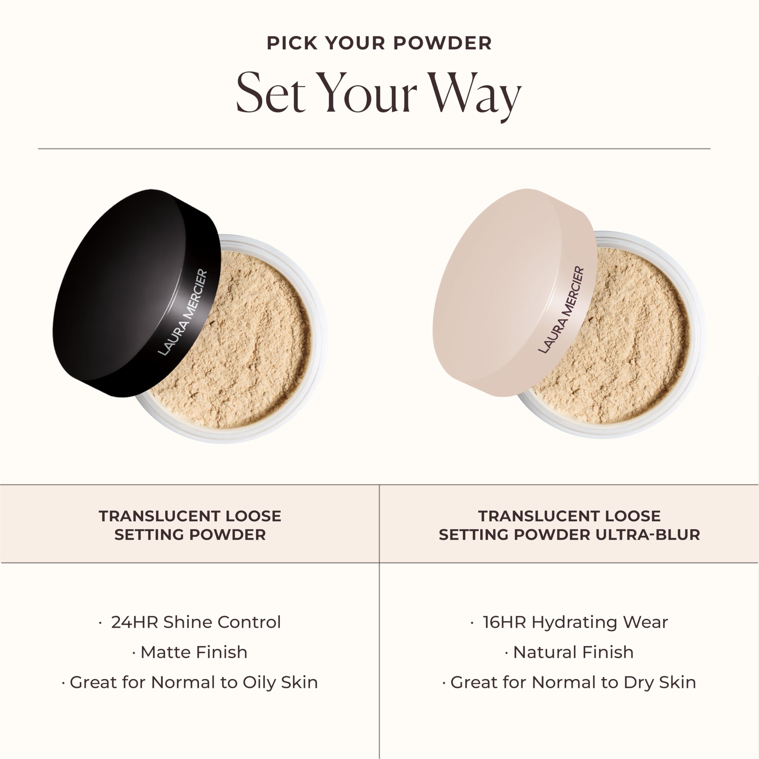 Laura Mercier powder swirl showing lightweight formula and soft-focus effect