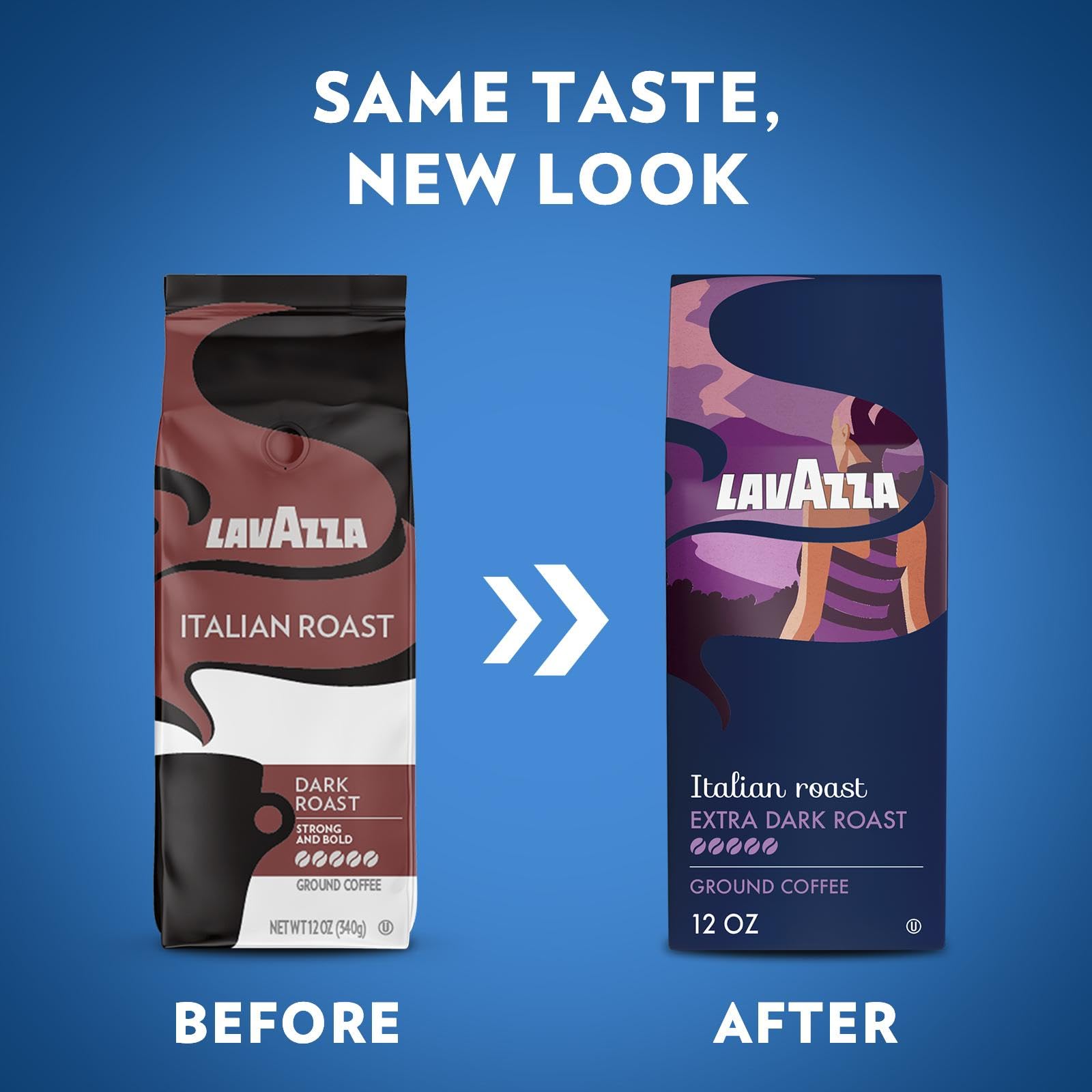 Lavazza six-pack of 12oz bags staged, offering practical multi-bag freshness