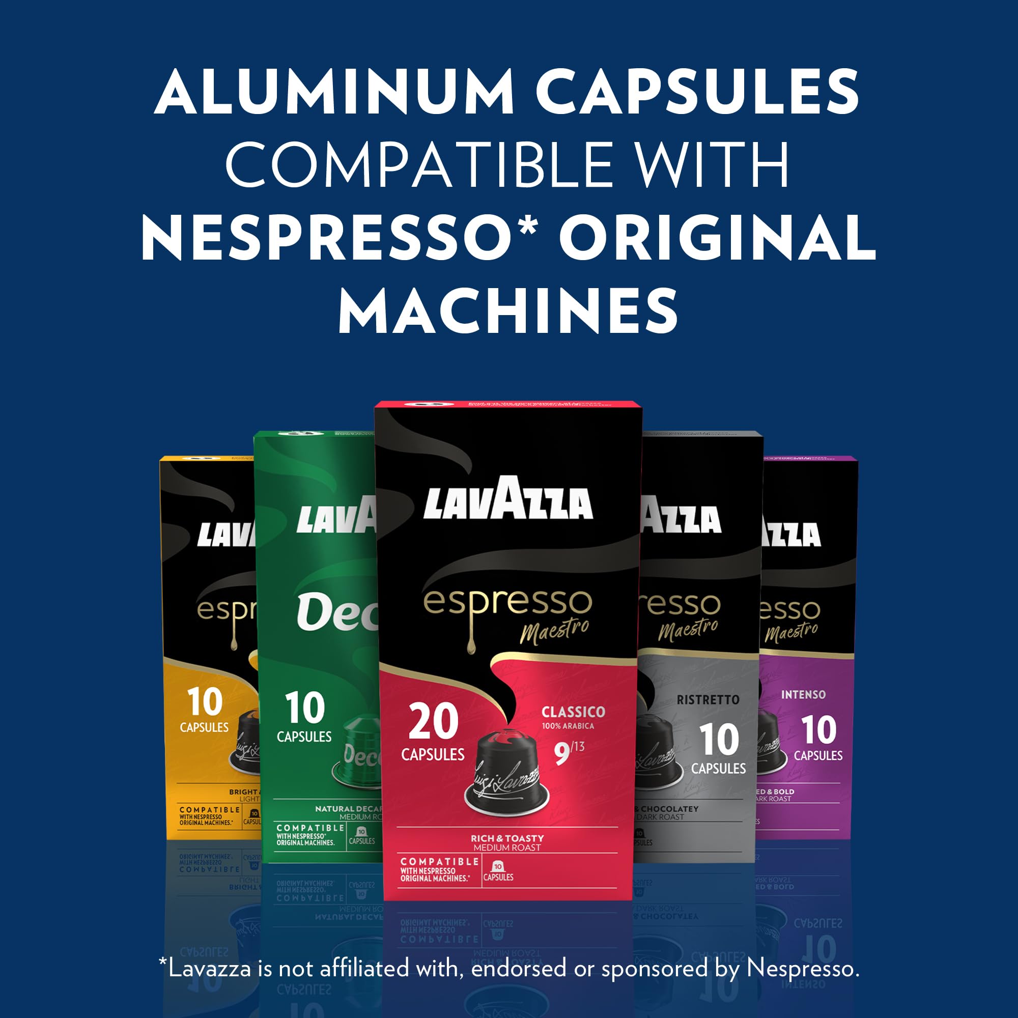 Lavazza capsules arranged by blend illustrating selection and choice variety