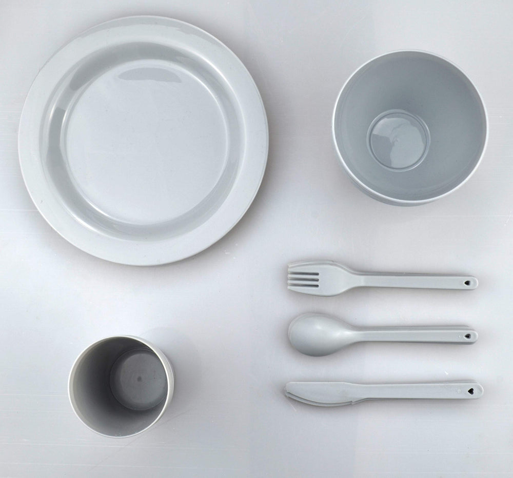 Layron bowls and cups arranged to show stackability and space-saving benefit
