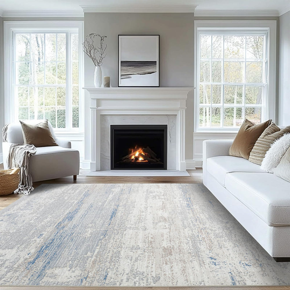 Lbris rug next to furniture illustrating true 8x10 size and scale