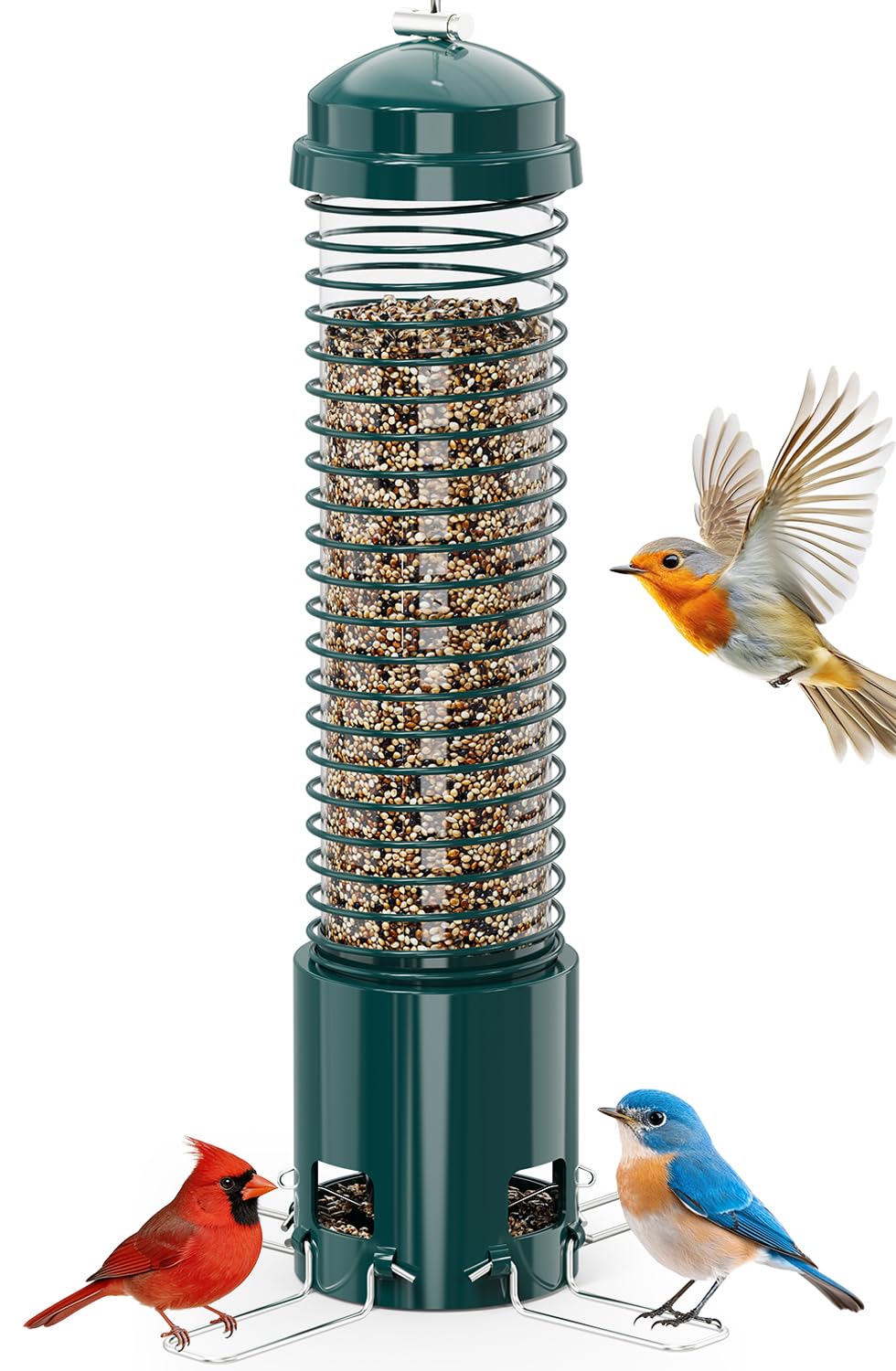 LCSEVEN front view of metal bird feeder showing feeding ports and durability benefit