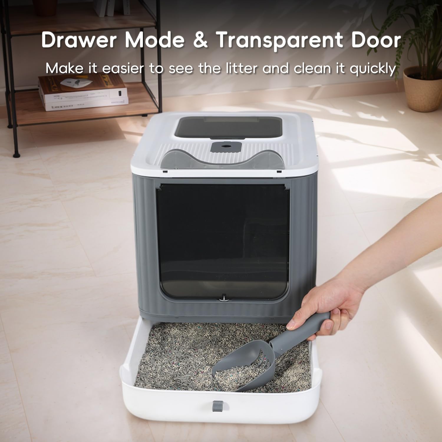 LCZLBRRD litter box with cat for size comparison indicating suitable fit for medium cats