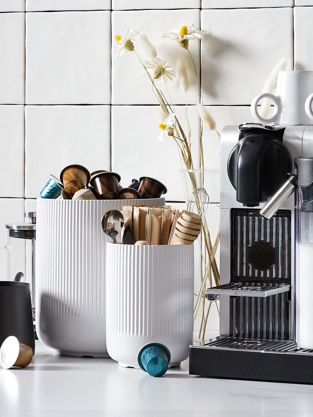 LE TAUCI small crock filled with flatware and serving spoons for neat storage