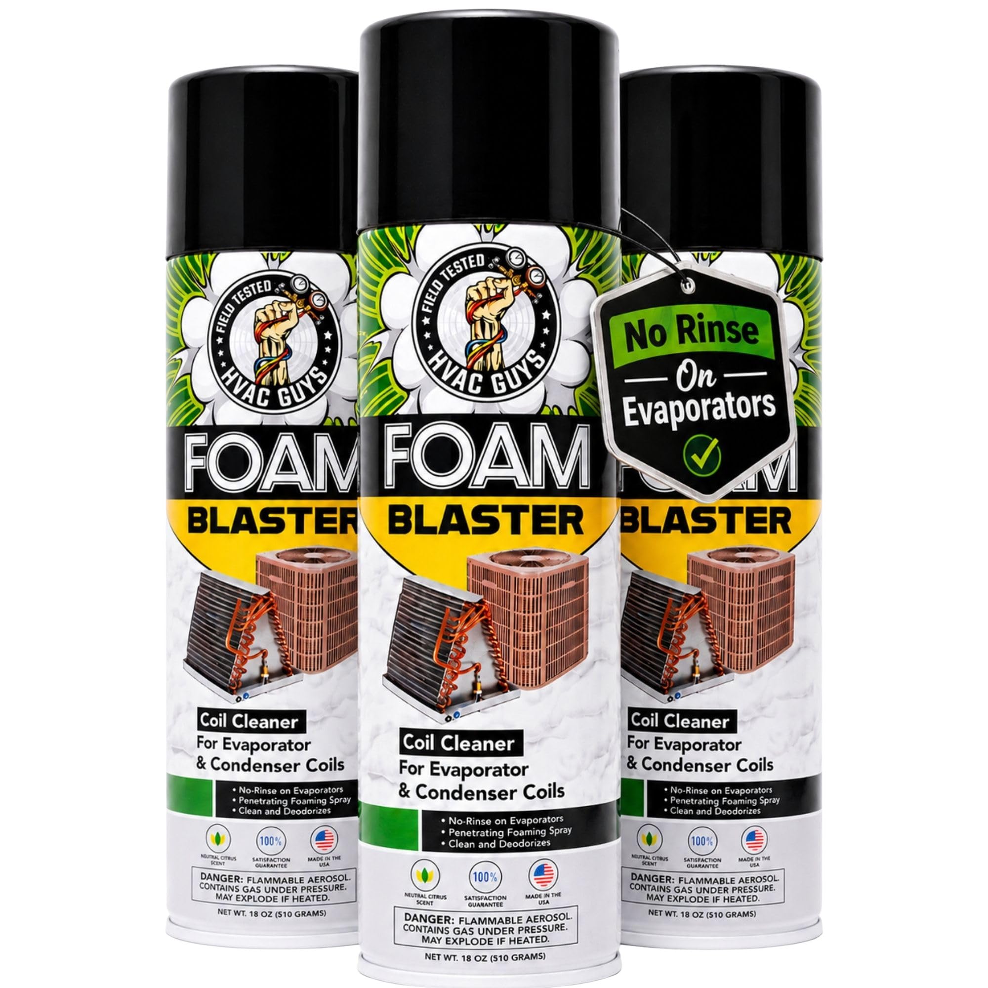 Leak Saver front packaging showing three foam blaster cans and benefits