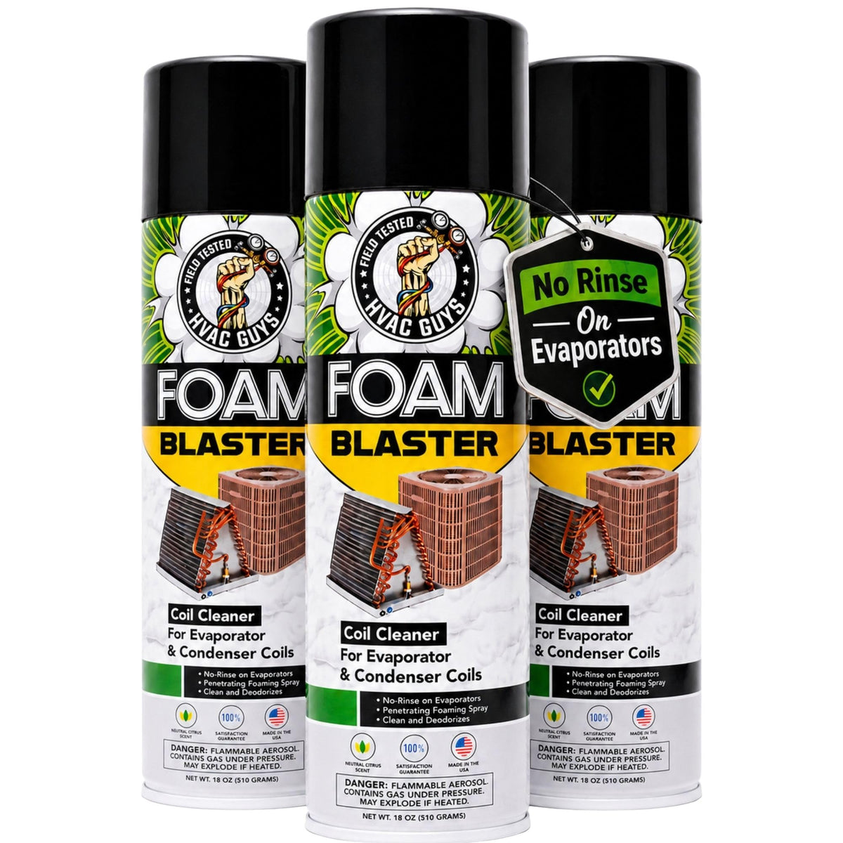 Leak Saver front packaging showing three foam blaster cans and benefits
