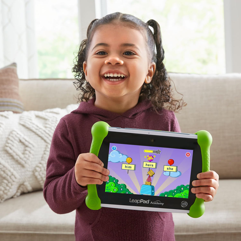 Size comparison with child hand showing LeapFrog tablet portability and grip