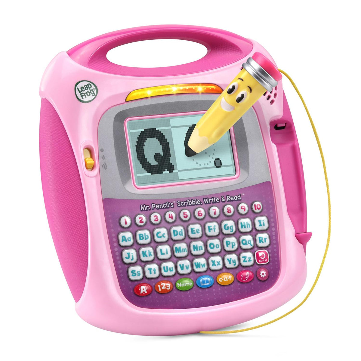 LeapFrog Mr. Pencil front view showing buttons and pink casing for easy learning