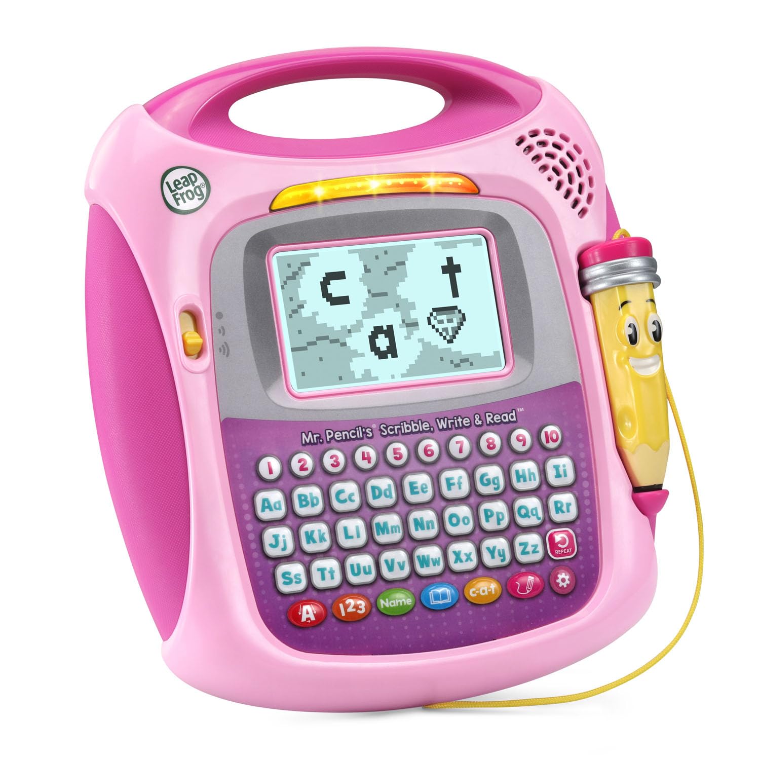 LeapFrog Mr. Pencil displaying name-entry feature to practice writing personal names